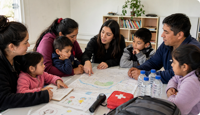 Familias reunidas planificando con un mapa y botiquín